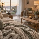 Déco scandinave cocooning : salon cocooning beige, bois clair et plaid