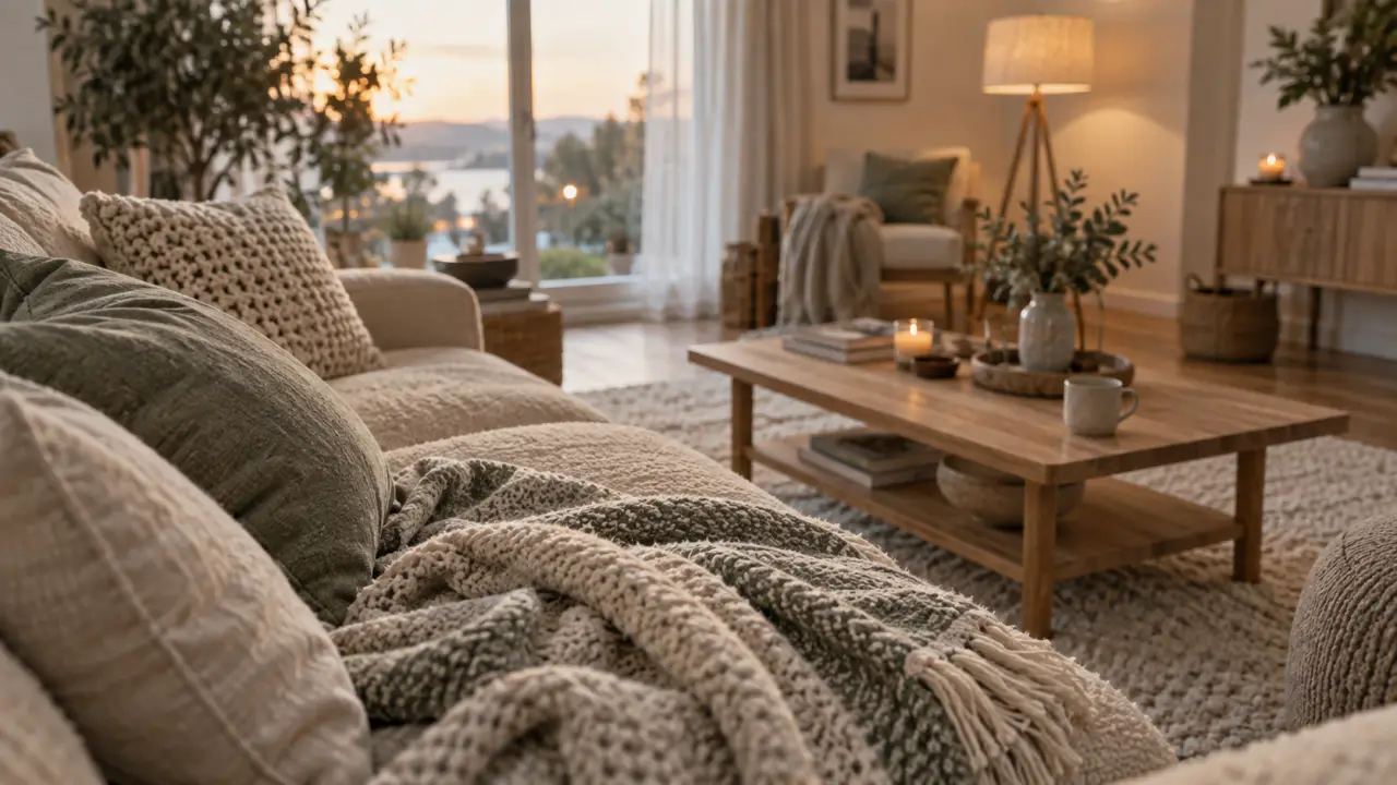 Déco scandinave cocooning : salon cocooning beige, bois clair et plaid