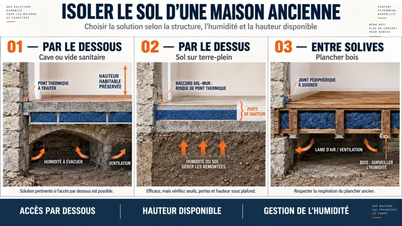 Infographie pour isoler le sol d’une maison ancienne selon la structure existante