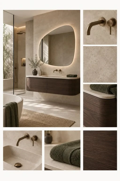 Salle de bain moderne 2025 aux tons naturels avec meuble suspendu, miroir organique et robinetterie bronze