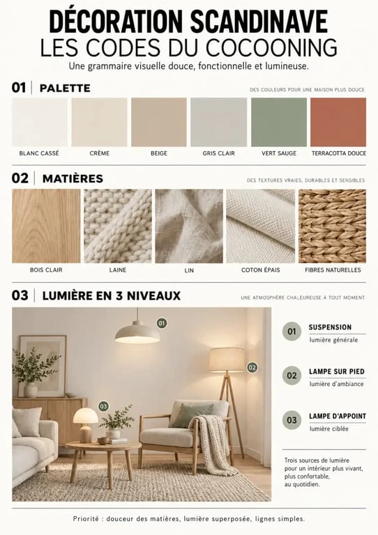 Palette et matières pour une décoration scandinave cocooning avec éclairage en strates