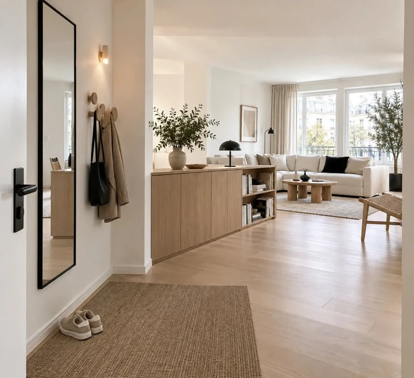Idée de séparation entre entrée et salon dans un petit espace avec meuble bas, tapis et miroir
