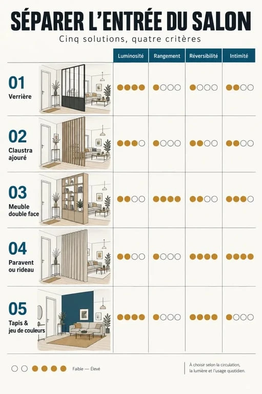 Infographie des idées de séparation entre entrée et salon selon la lumière, le rangement et la modularité
