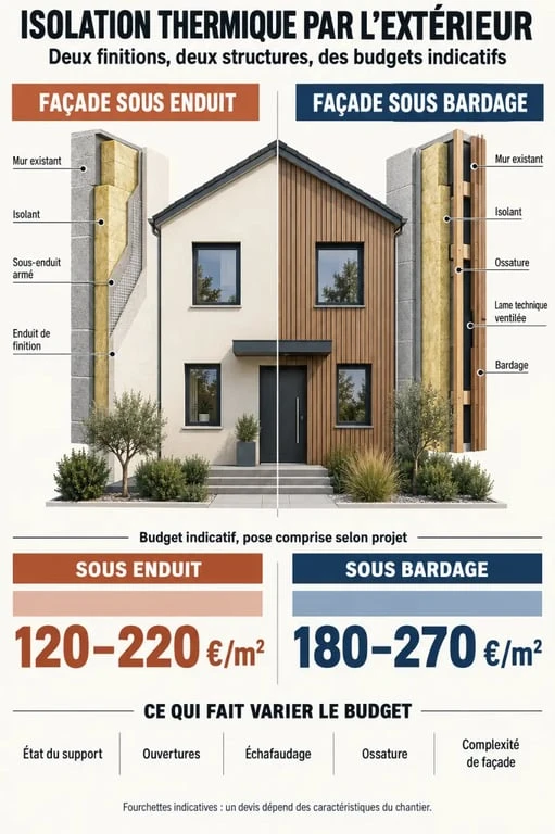 Devis isolation extérieur maison : comparaison entre ITE sous enduit et sous bardage avec prix indicatifs