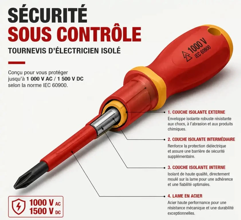 Schéma explicatif de l'isolation d'un tournevis pour outillage électricien
