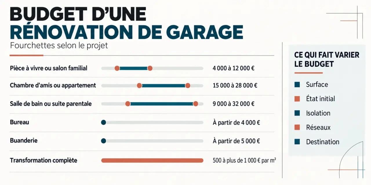 Infographie du budget d'une rénovation de garage selon l'usage et les travaux