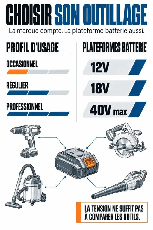Infographie pour choisir une marque d’outillage et comprendre les plateformes batteries 12V, 18V et 40V