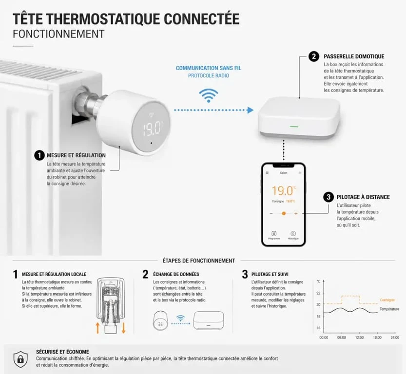 Schéma de fonctionnement d'une tête thermostatique connectée pour radiateur