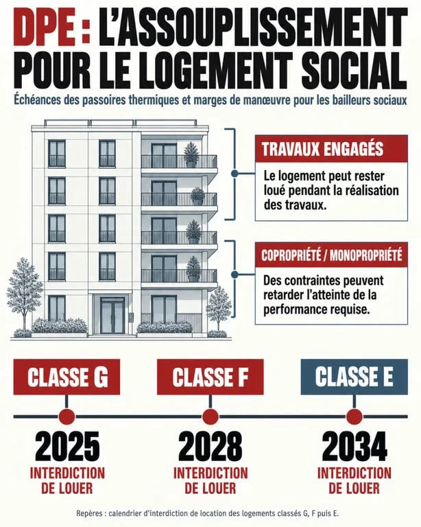Infographie sur le DPE logement social et l'assouplissement des règles pour les classes G, F et E