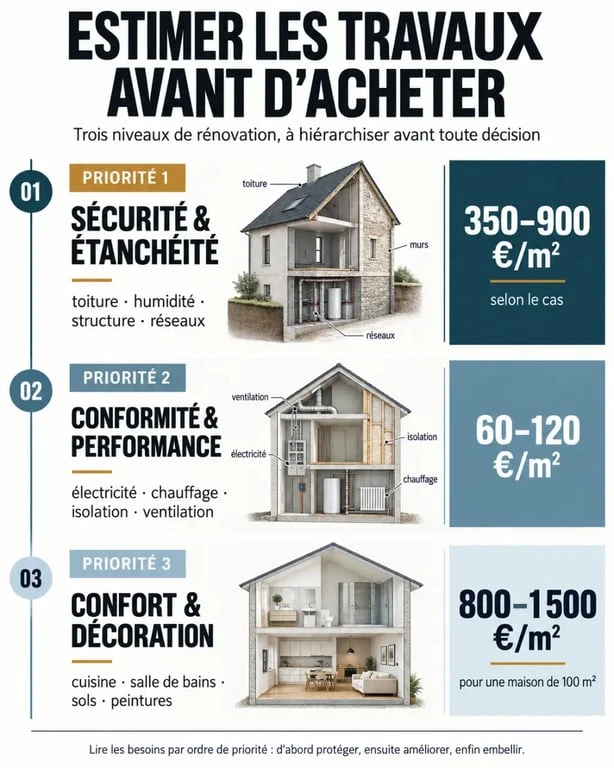 Infographie sur l'estimation travaux maison avant achat selon trois niveaux de rénovation