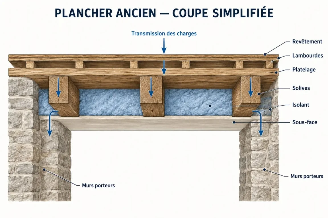 Schéma de rénovation d’un plancher de maison ancienne montrant les solives, lambourdes, isolant et murs porteurs