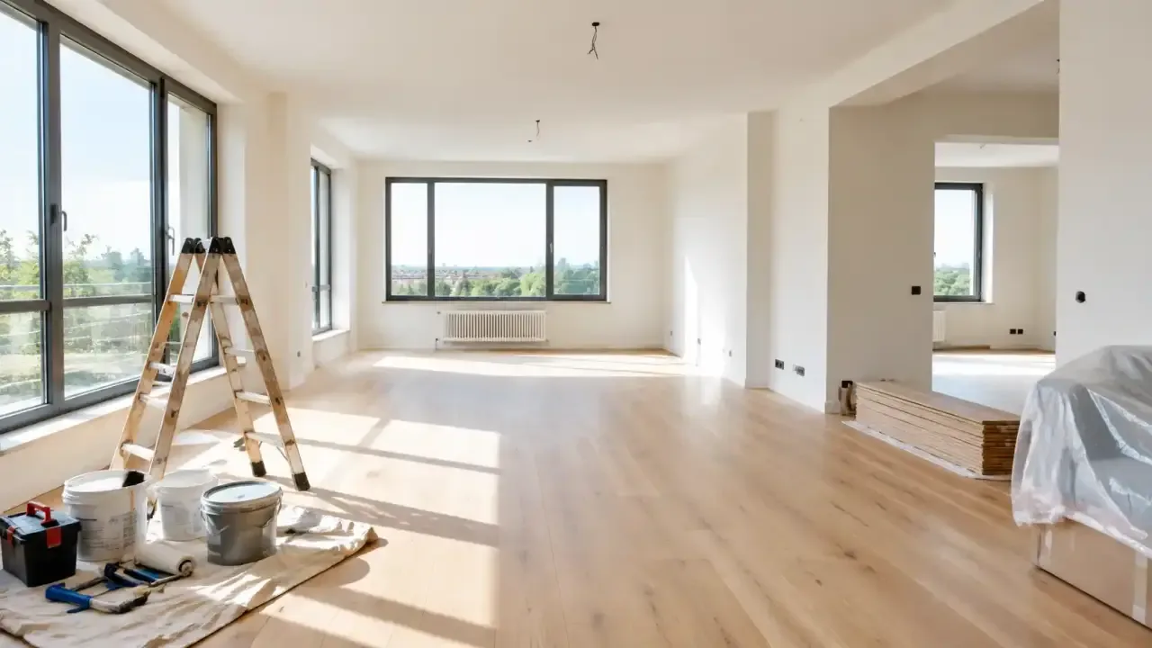 Pièce en rénovation avec parquet et escabeau