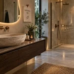 Salle de bain moderne 2025 avec vasque suspendue, douche italienne et ambiance spa