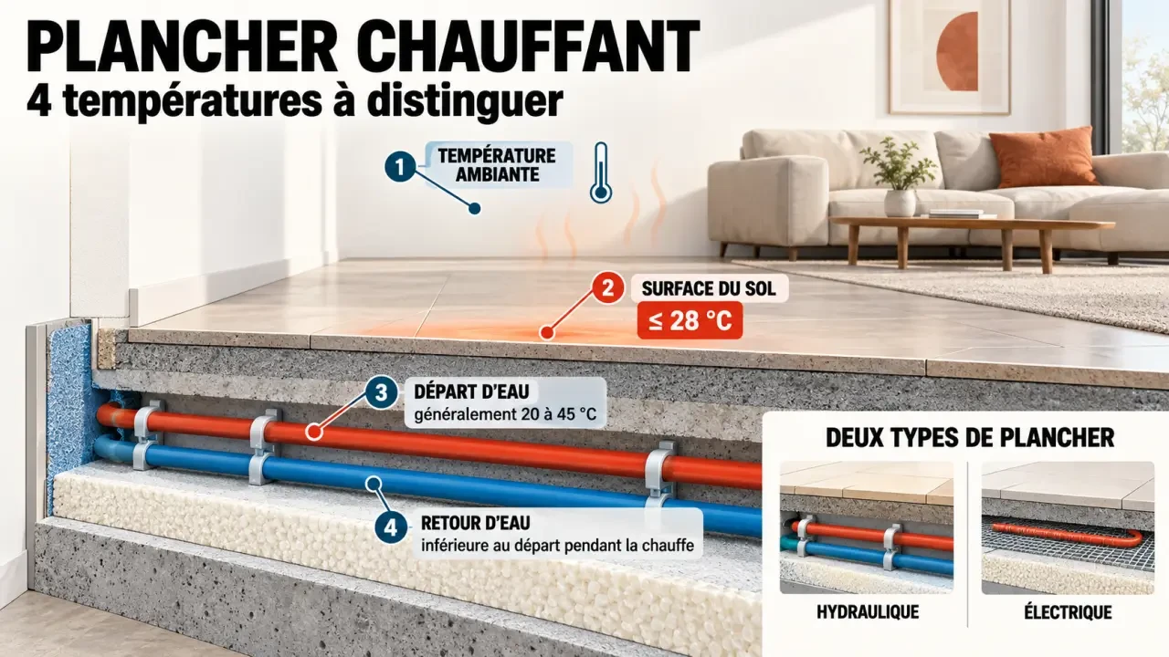 Infographie sur la température plancher chauffant : surface du sol, température de l’eau et différences entre systèmes hydraulique et électrique