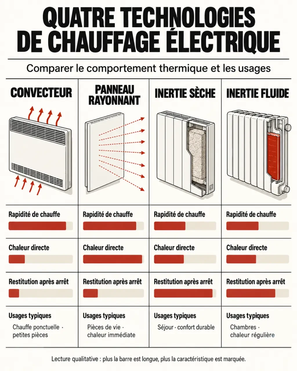 Comparaison visuelle entre chauffage rayonnant, convecteur et radiateurs à inertie