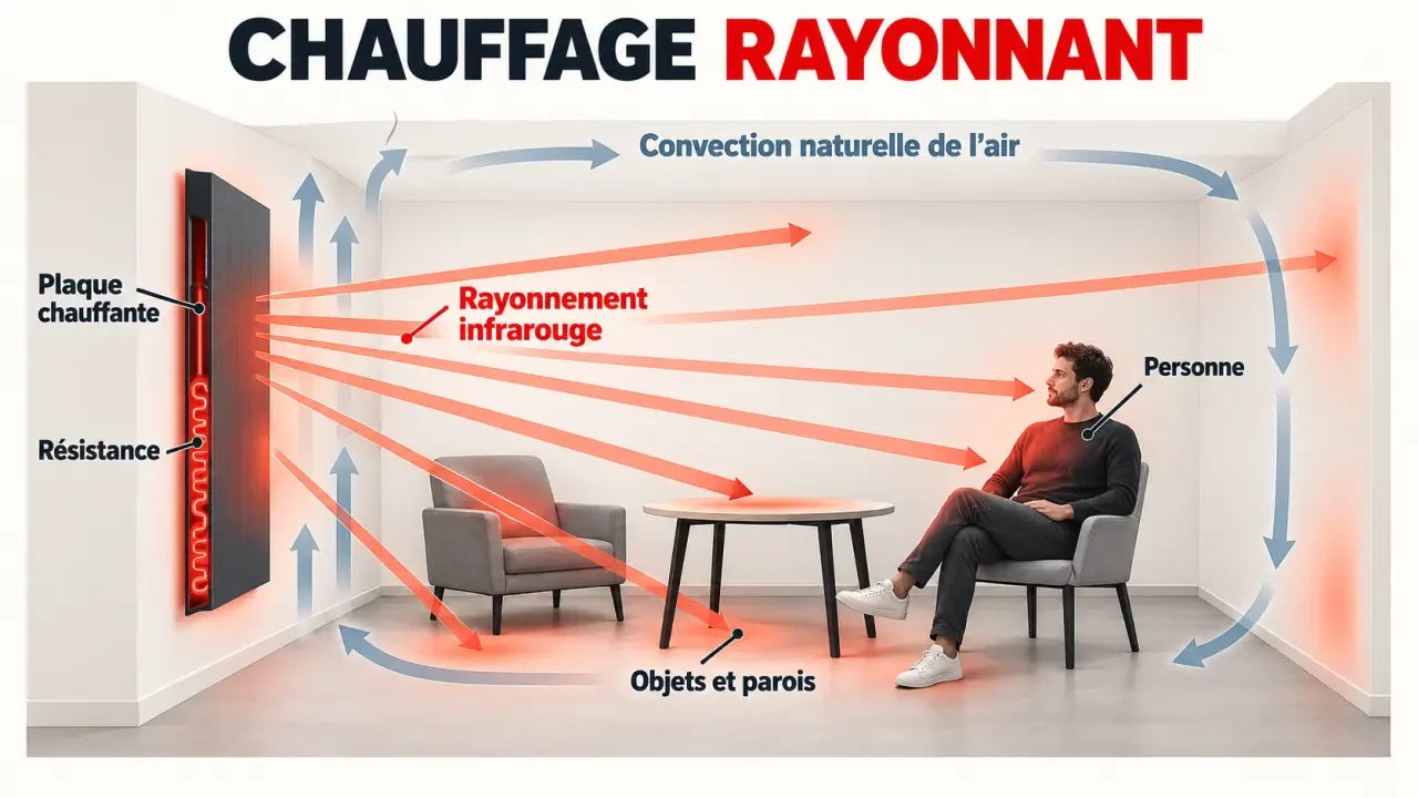 Schéma du fonctionnement d’un chauffage rayonnant entre résistance, plaque, objets, parois et air