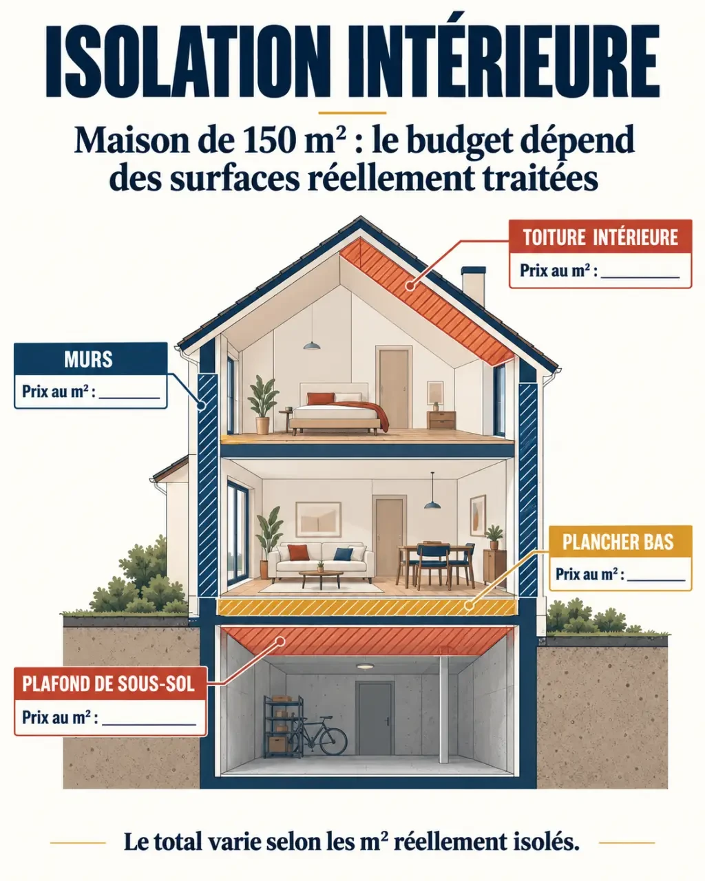 Infographie du prix isolation intérieur maison 150m2 par zone de travaux
