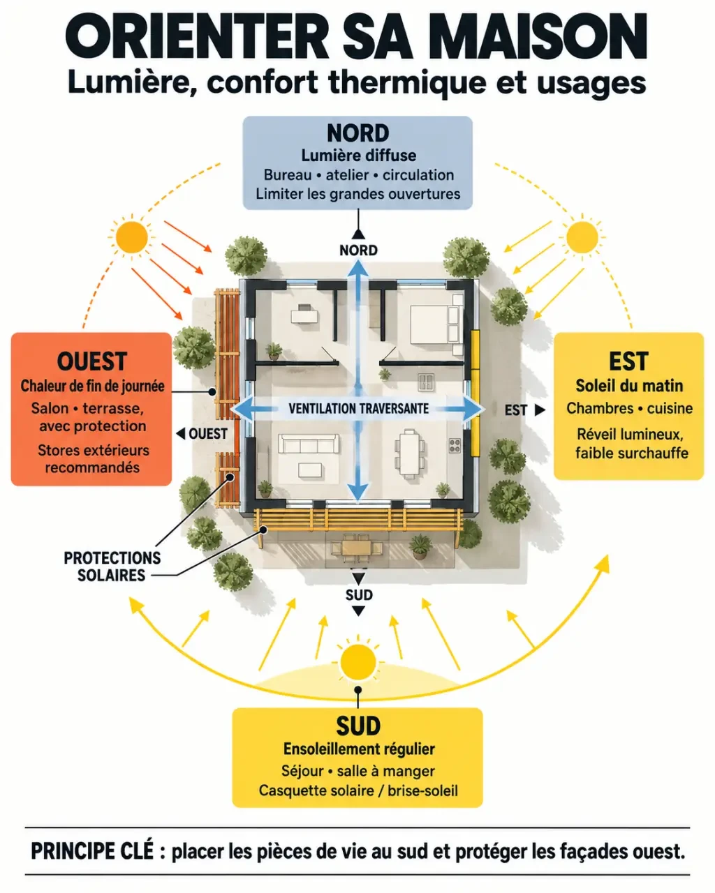 Infographie sur la meilleure orientation d'une maison et les pièces à placer selon chaque point cardinal