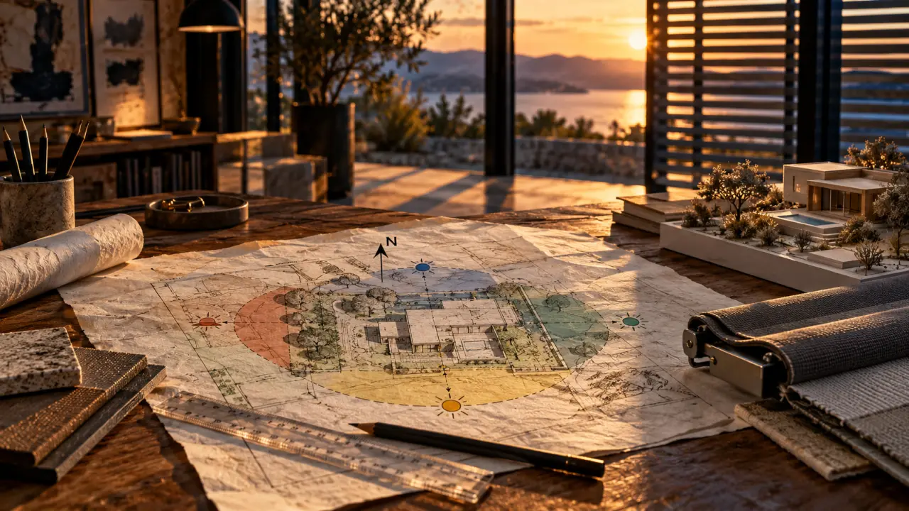 Meilleur orientation maison : flèche N sur plan et zones d’ensoleillement