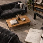 Mobilier design haut de gamme : canapé velours gris et table basse en chêne massif