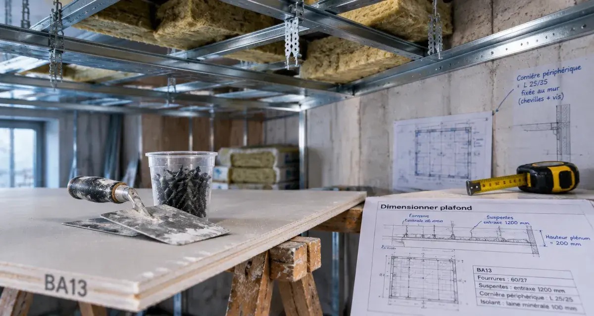 Plafond placostil : entraxes et charges, ossature et plaque BA13 en chantier