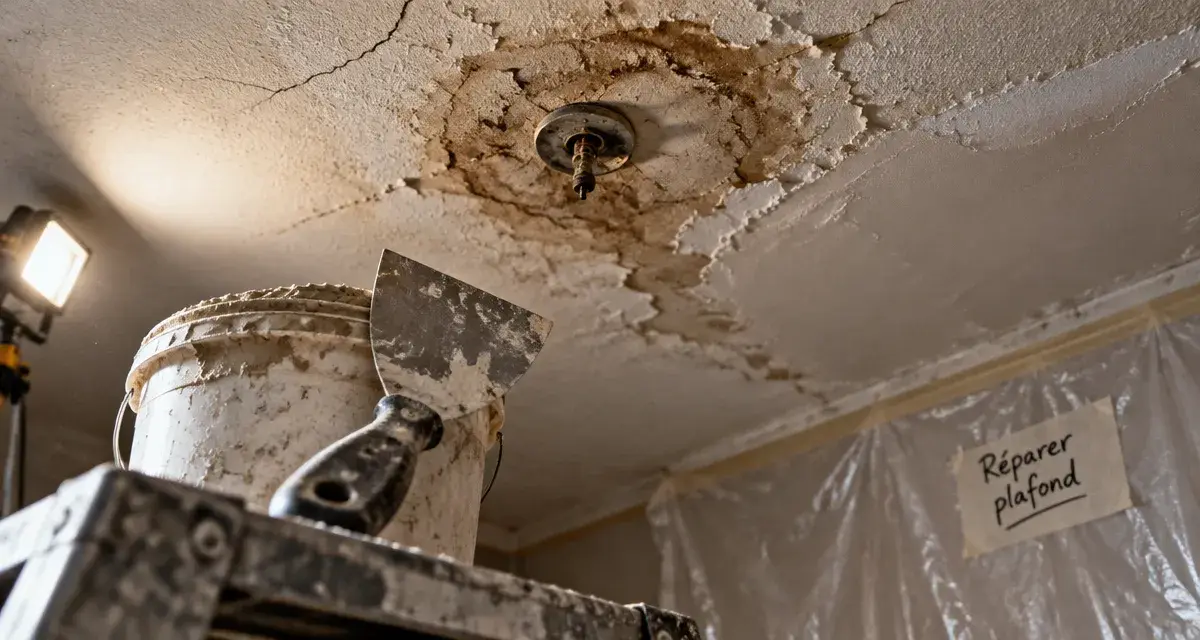 Plafond renovation : fissures réparées avant finition