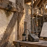 Rénovation maison normande : mur en colombages avec joints de chaux et humidité