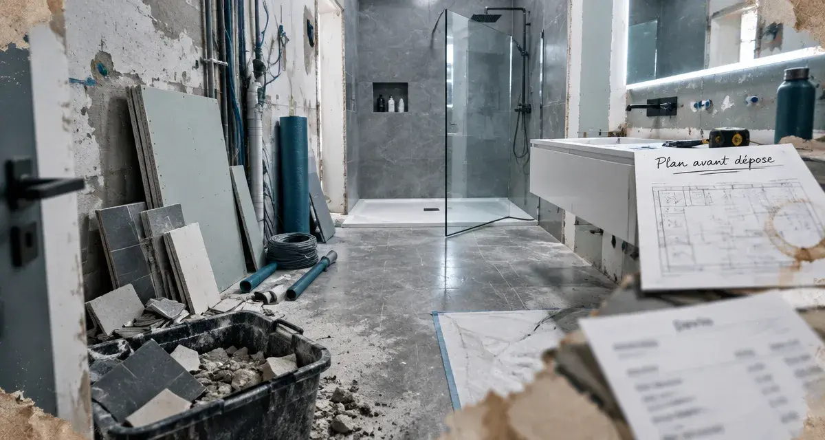 Rénover une salle de bains : chantier avant dépose, douche prête