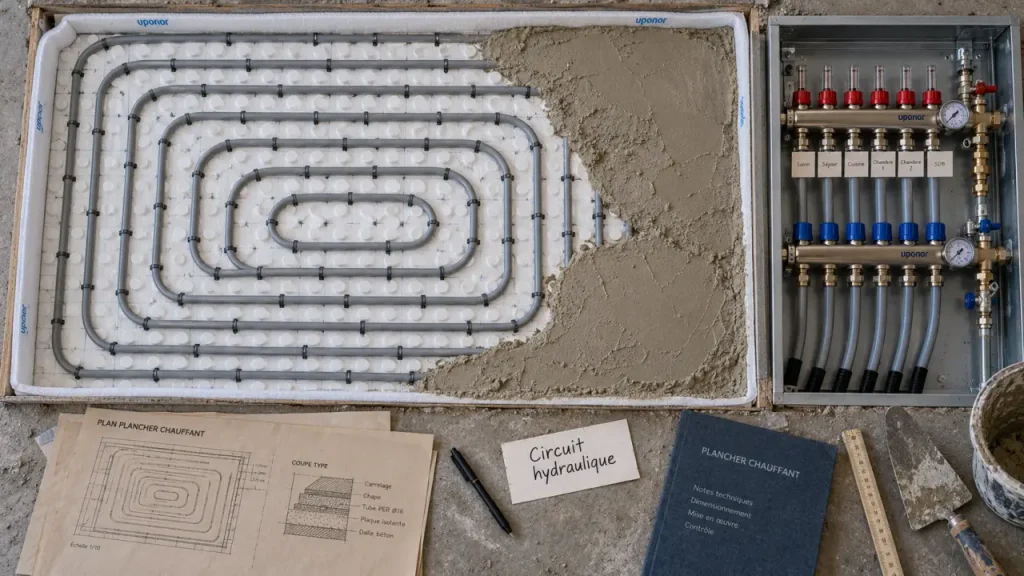 Schéma de plancher chauffant hydraulique : du collecteur aux boucles, les points à vérifier avant la chape