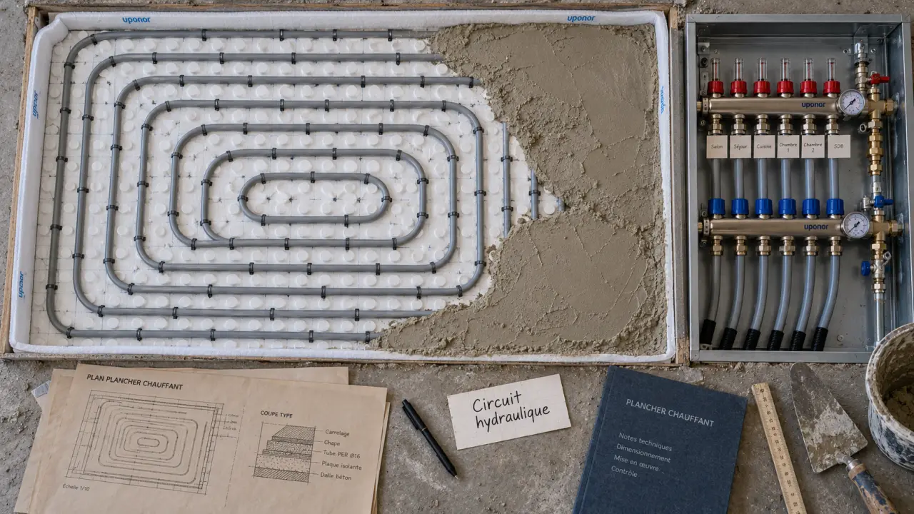 Schema plancher chauffant hydraulique : nourrice et boucles de tubes sous chape