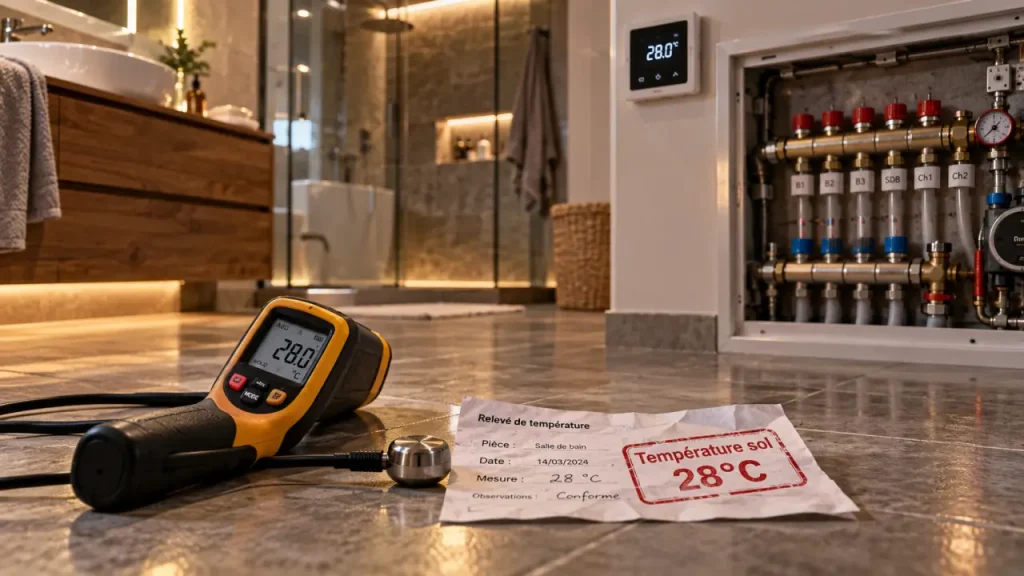Température du plancher chauffant : 28 °C au sol, pas dans les tuyaux